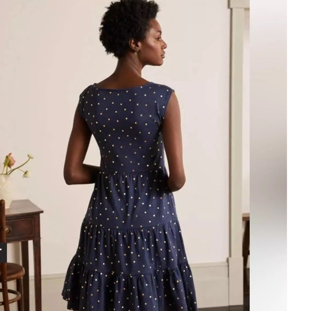 STYLISH BODEN ROMAINE SLEEVELESS DRESS BLUE W/ GOLD POLKA DOTS TIERED SKIRT EUC - Picture 5 of 15